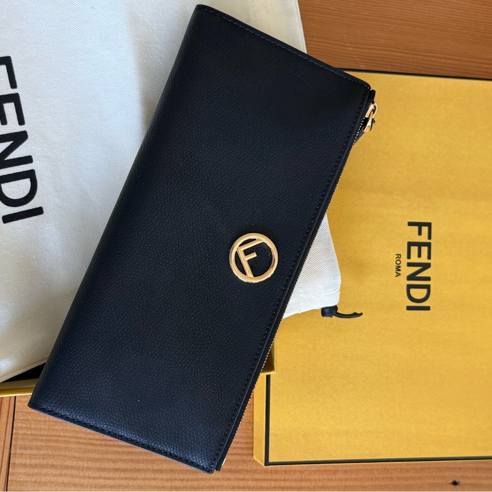 Fendi Black Leather Zip Continental Wallet with Gold Hardware